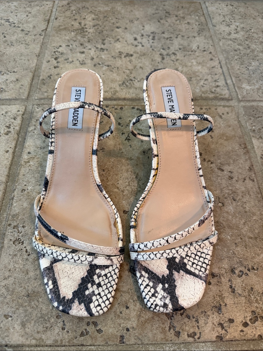Steve Madden Snake-Print Strappy Mules in White and Black